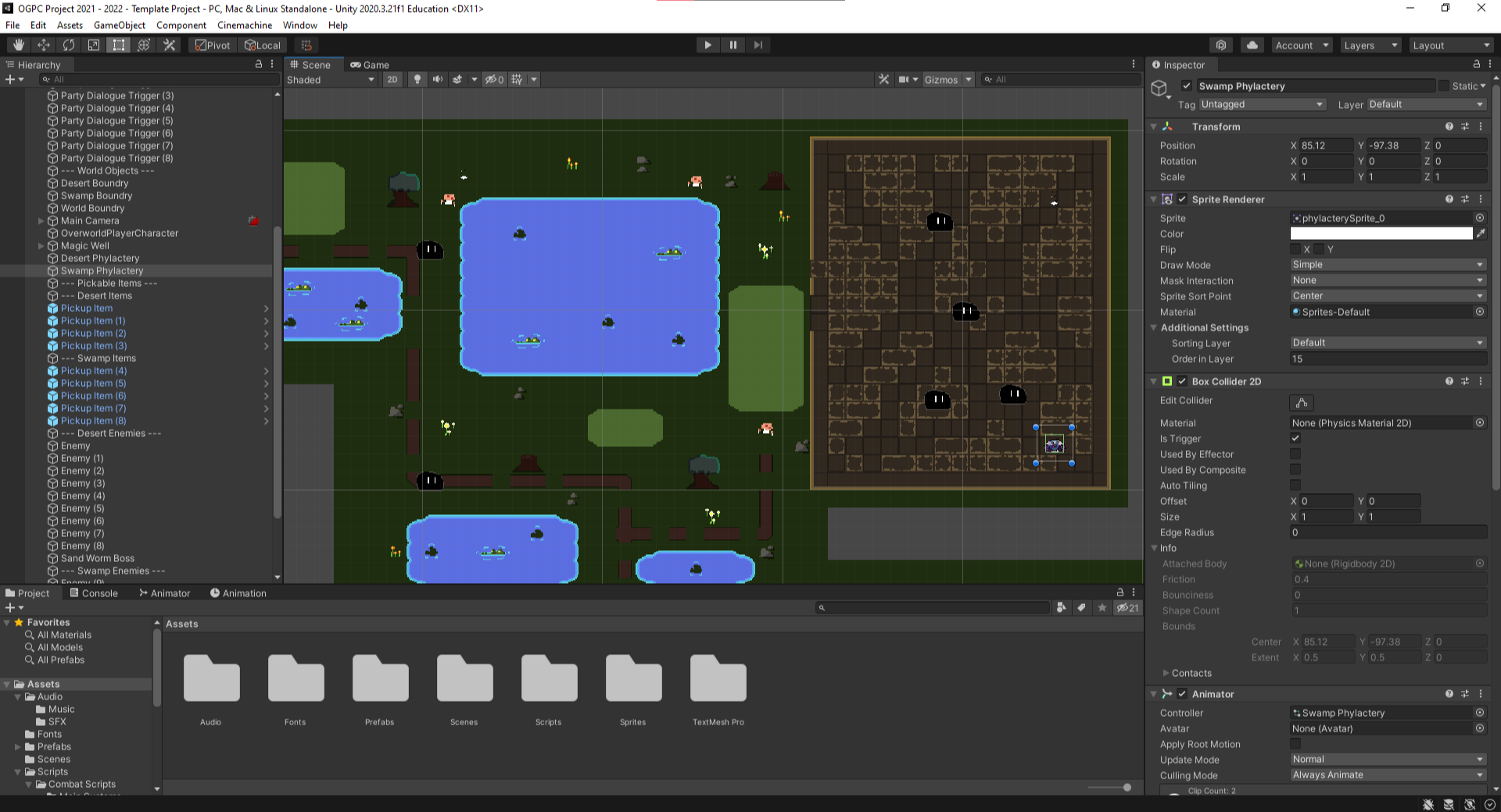 Scene view of the swamp area in Unity editor